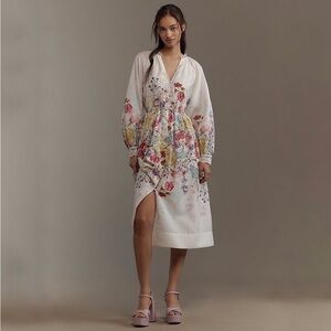 NWT Anthropologie Let Me Be Long-Sleeve V-Neck Floral A-Line Midi Dress Size XS